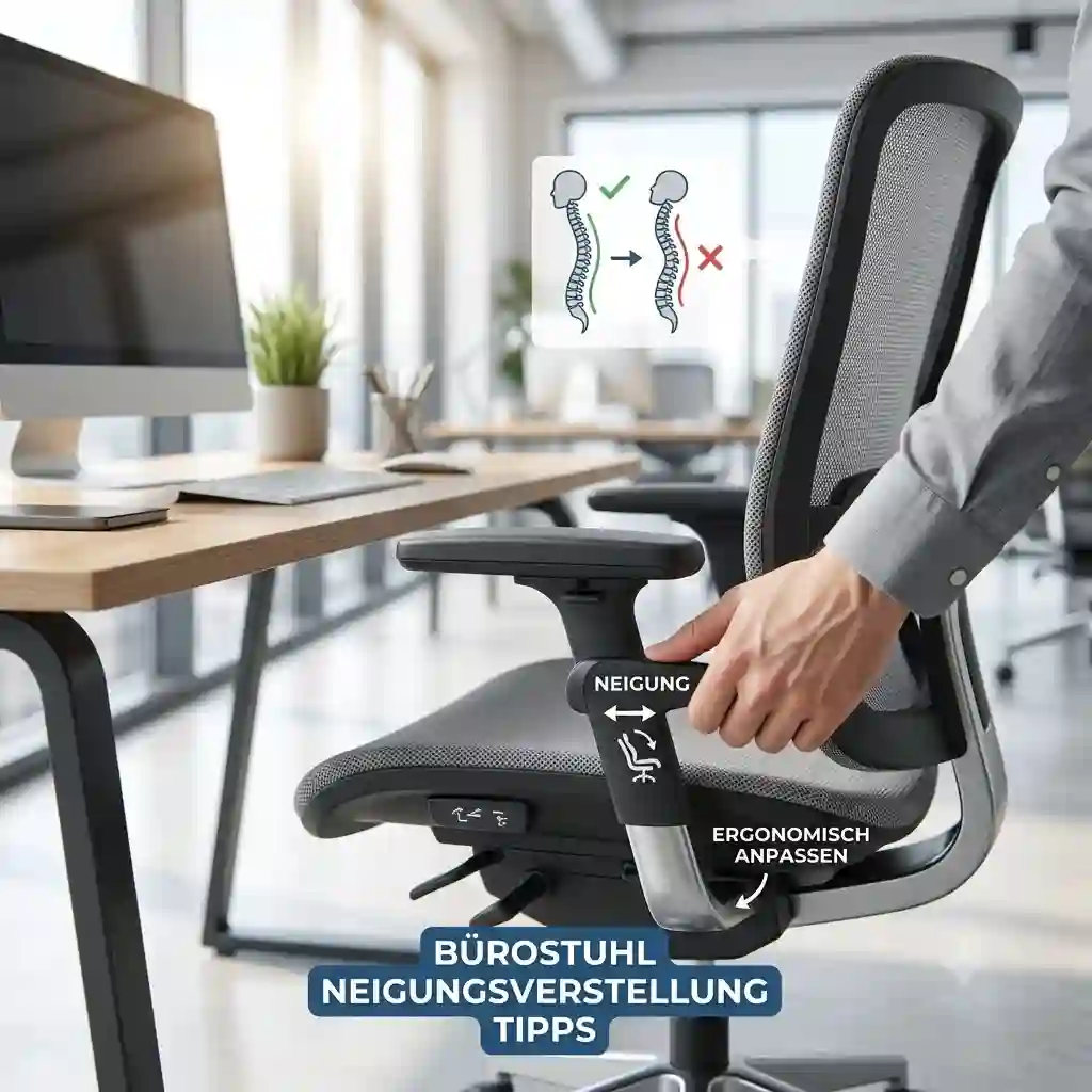 A modern office setup featuring an ergonomic office chair, focusing on the adjustment lever with useful bürostuhl neigungsverstellung tipps for a healthy workspace.