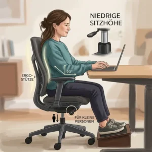Illustration 1 of ergonomic seating adjustments for short people focusing on seat depth for better thigh support.