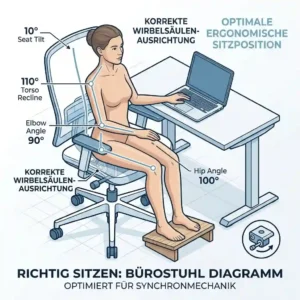 Illustration of the optimal sitting position on a bürostuhl mit synchronmechanik to relieve back strain.