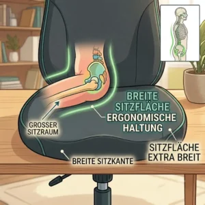 Illustration for healthy sitting on an office chair extra wide seat to relieve the hips.