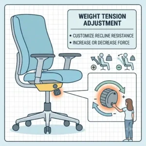 A detailed illustration showing how to adjust the weight tension knob on an office chair tilt mechanism.