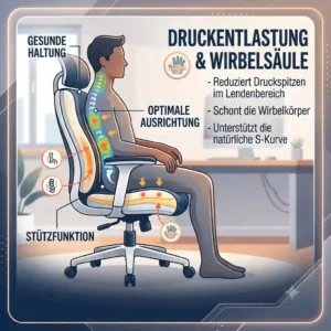 Infographic demonstrating spinal pressure relief when sitting on the bürostuhl mit memory schaum.