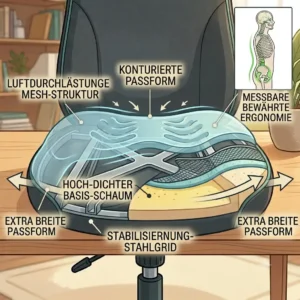 Cross-section illustration of the thick comfort padding on an office chair extra wide seat.