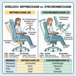 A comparative analysis chart illustrating the key differences between a basic office chair tilt mechanism and a synchronous mechanism.