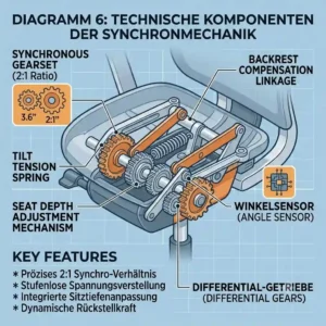 Detailed drawing of the most important components and adjustments on a bürostuhl mit synchronmechanik.
