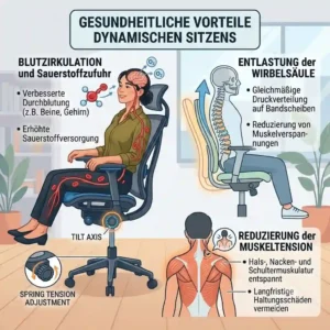 A medical visualization showing the physiological benefits of dynamic sitting on spinal discs and circulation.