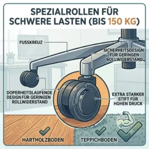 Illustration 7 showcasing the high-capacity safety wheels suitable for carpet and hard floors on a buerostuhl für schwere personen bis 150kg.